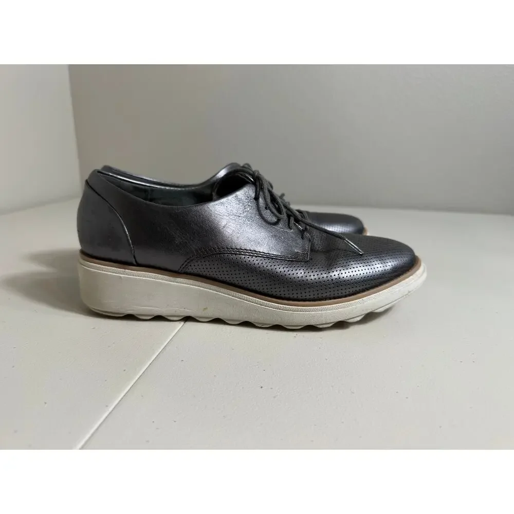 Clark's Collection Sharon Crystal Oxford wedge silver gray leather shoes Sz 8.5